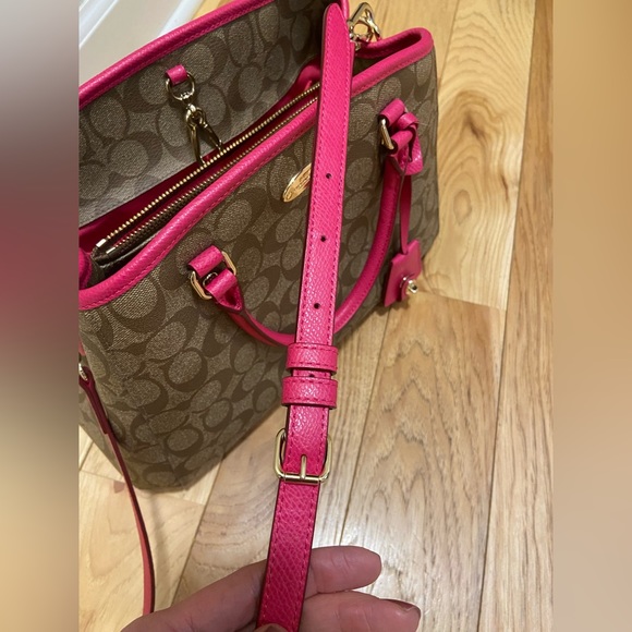 Coach Khaki Brown Hot Pink Signature Tote Bag Satchel Purse with Crossbody Strap - Picture 6 of 8